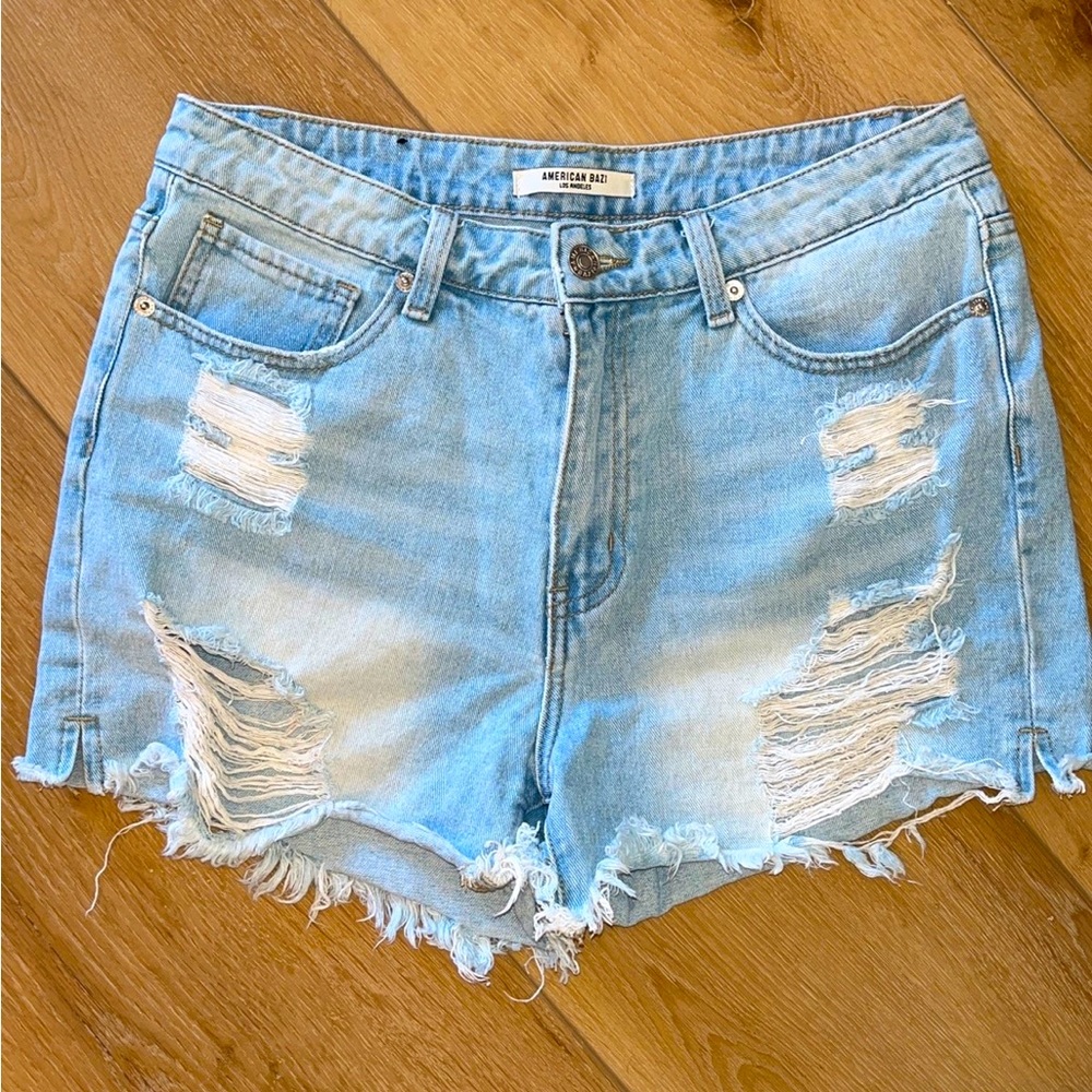 American Bazi Light Blue Ripped Jean Shorts